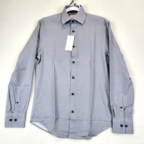 Con.Struct Mini Geo Dress Shirt 4 Way Stretch Flip Cuff Slim Fit Men S Blue Whit - Picture 1 of 11